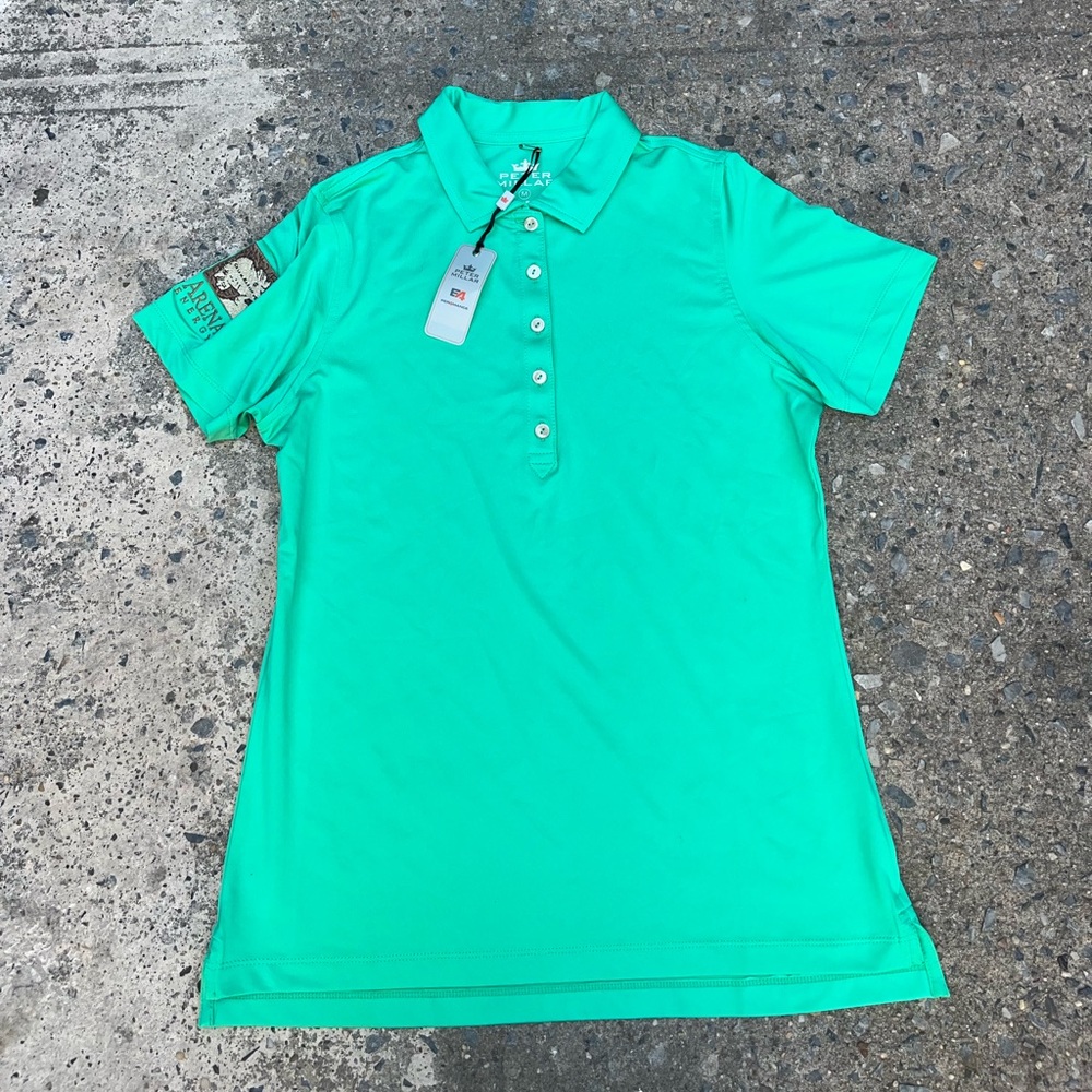 Peter Millar E4 Wicking 50+ UPF Vibrant Green Women’s Polo Shirt M Company Logo